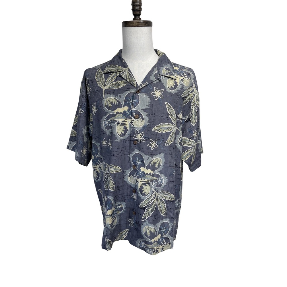Tommy‎ Bahama Shirt Mens Large Gray Silk Hawaiian Aloha Floral Button Up Casual